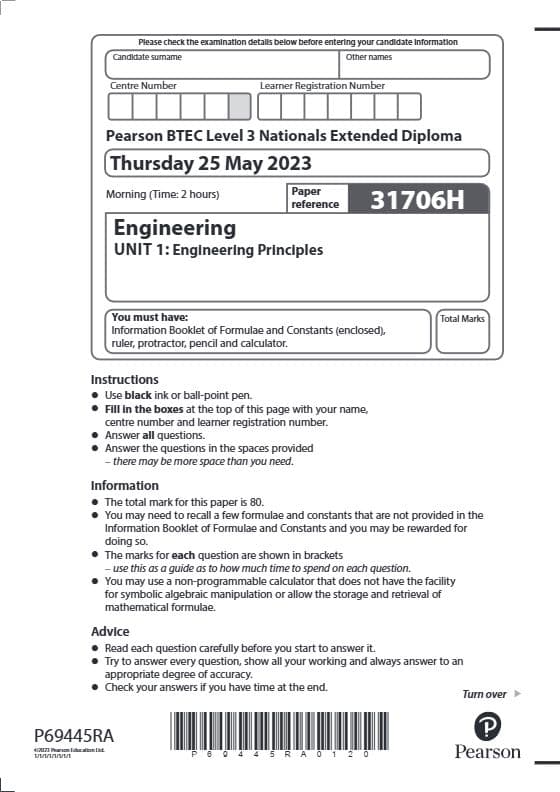 First page of Engineering Paper reference 31706H UNIT 1: Engineering Principles