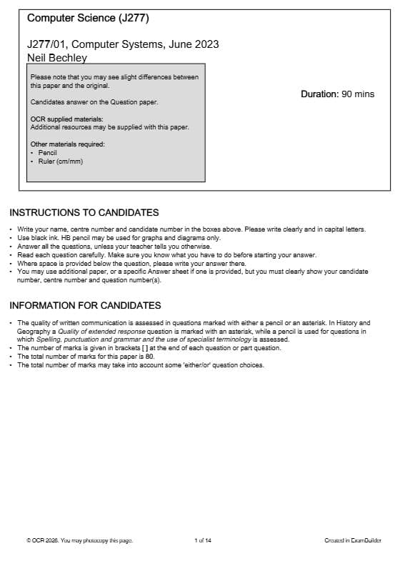 First page of J277/01, Computer Systems, June 2023