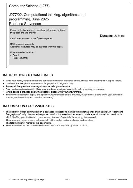 First page of J277/02, Computational thinking, algorithms and programming, June 2025