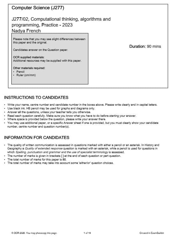 First page of J277/02, Computational thinking, algorithms and programming, Practice - 2023