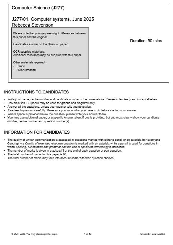 First page of J277/01, Computer systems, June 2025